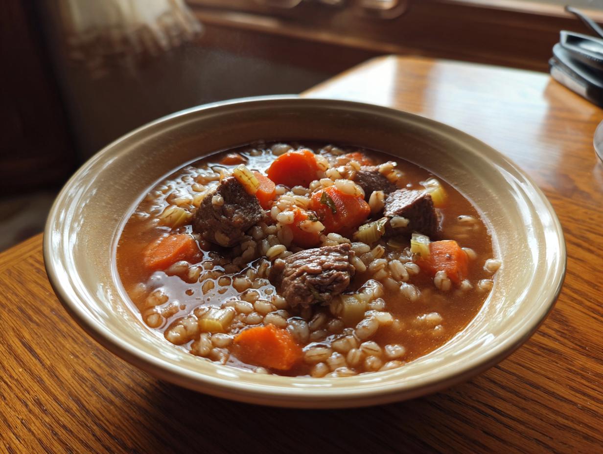 Close-up of a steaming bowl of rich beef barley soup featuring chunks of beef, bright carrots, and plump barley.