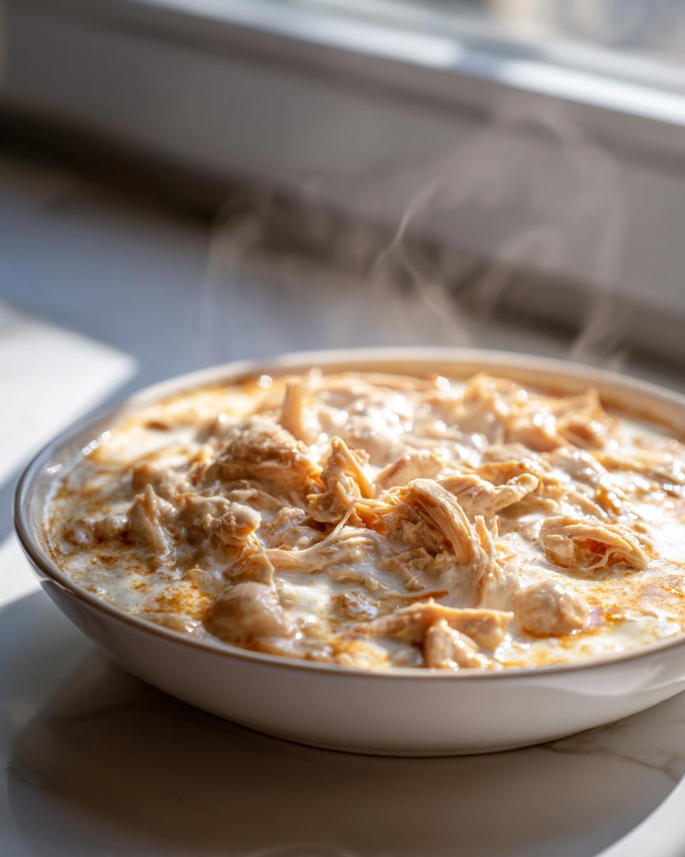 A close-up of a steaming bowl filled with shredded chicken in a creamy sauce, part of a chicken chili recipe.