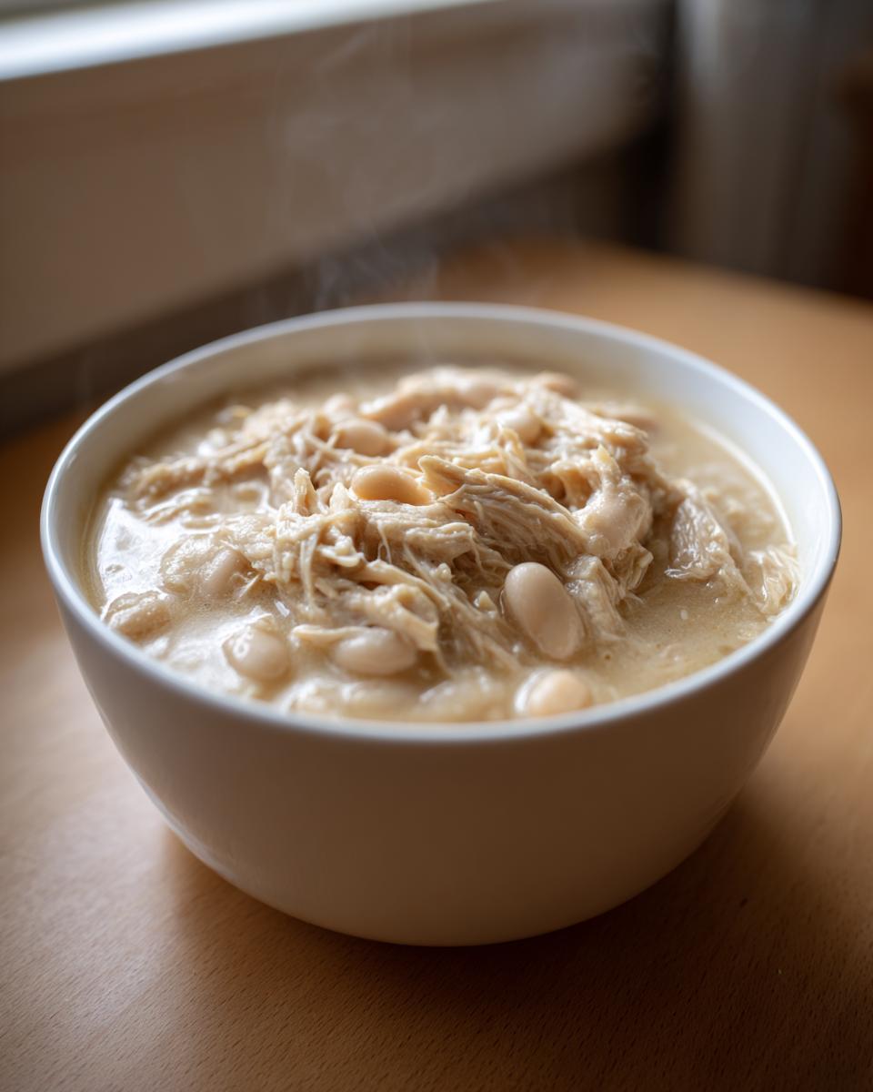 A close-up of a steaming white bowl filled with creamy instant pot white chicken chili, showing shredded chicken and white beans.
