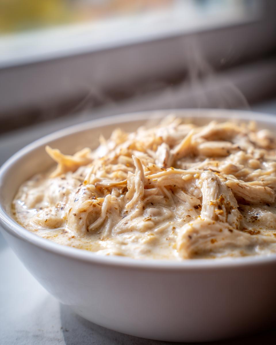 Close-up of steaming shredded chicken in a creamy white sauce, representing the chicken chili recipe base.