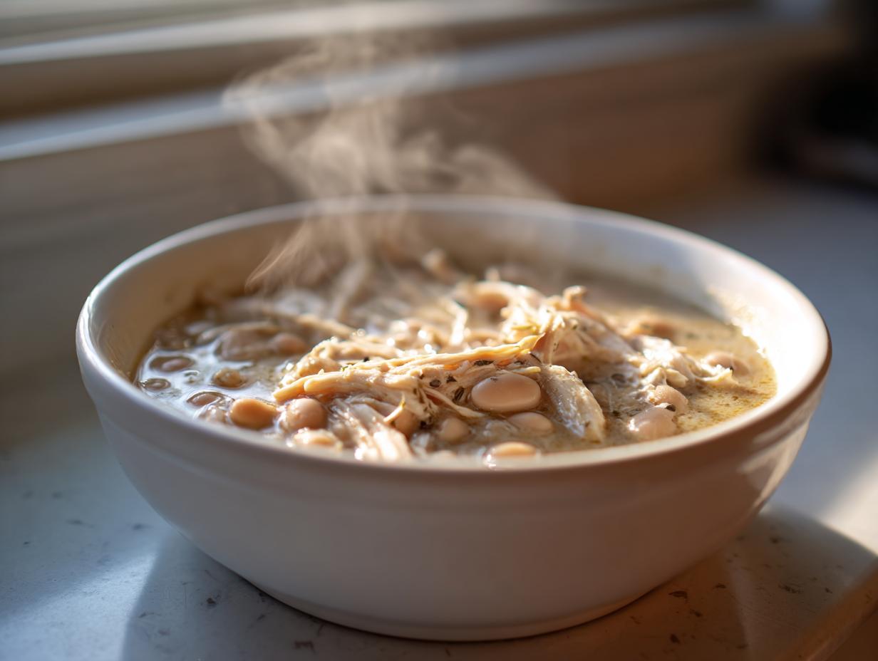 Close-up of a steaming white bowl filled with creamy white chicken chili recipe, featuring shredded chicken and white beans.