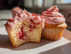 Close-up of a strawberry cupcake cut in half showing the moist interior and pink frosting, next to a whole strawberry cupcake.
