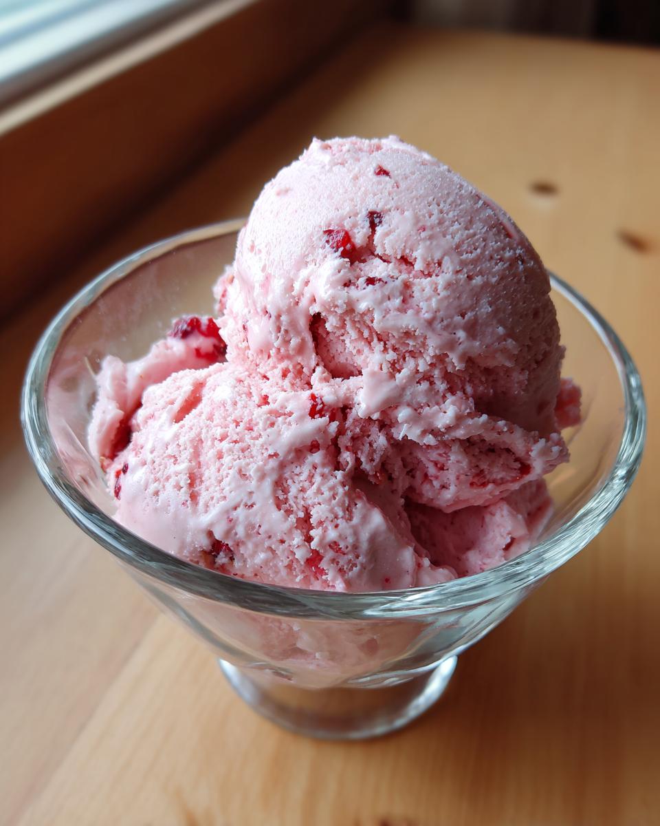 Two scoops of pale pink strawberry ice cream with visible fruit pieces served in a clear glass dessert dish.