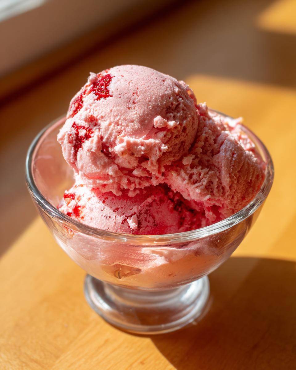 Two scoops of bright pink strawberry ice cream with visible fruit swirls served in a clear glass dish.