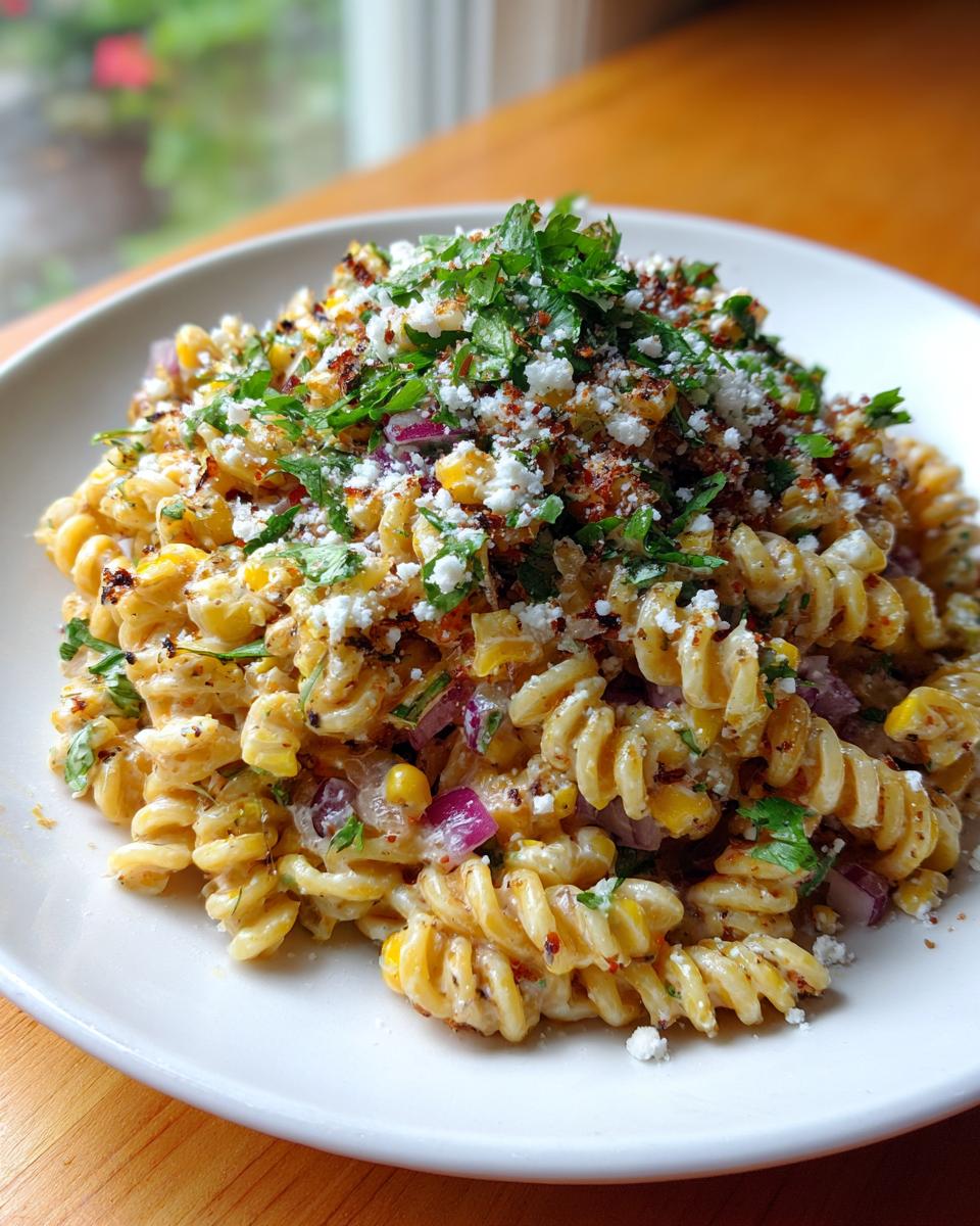 A close-up of a creamy street corn pasta salad made with rotini pasta, corn, red onion, and topped with cotija cheese and cilantro.