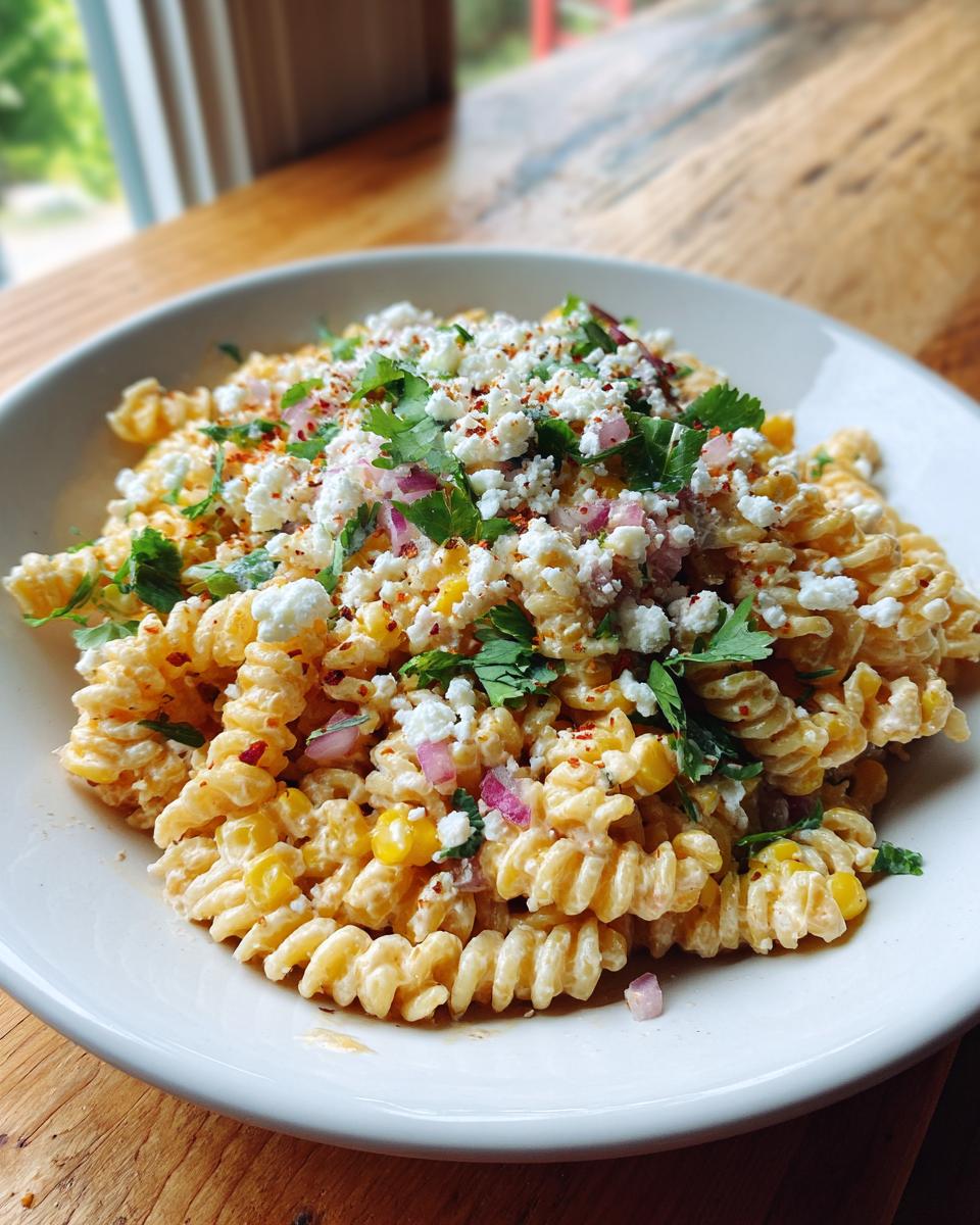 A bowl of creamy street corn pasta salad topped with cotija cheese, cilantro, and red onion.