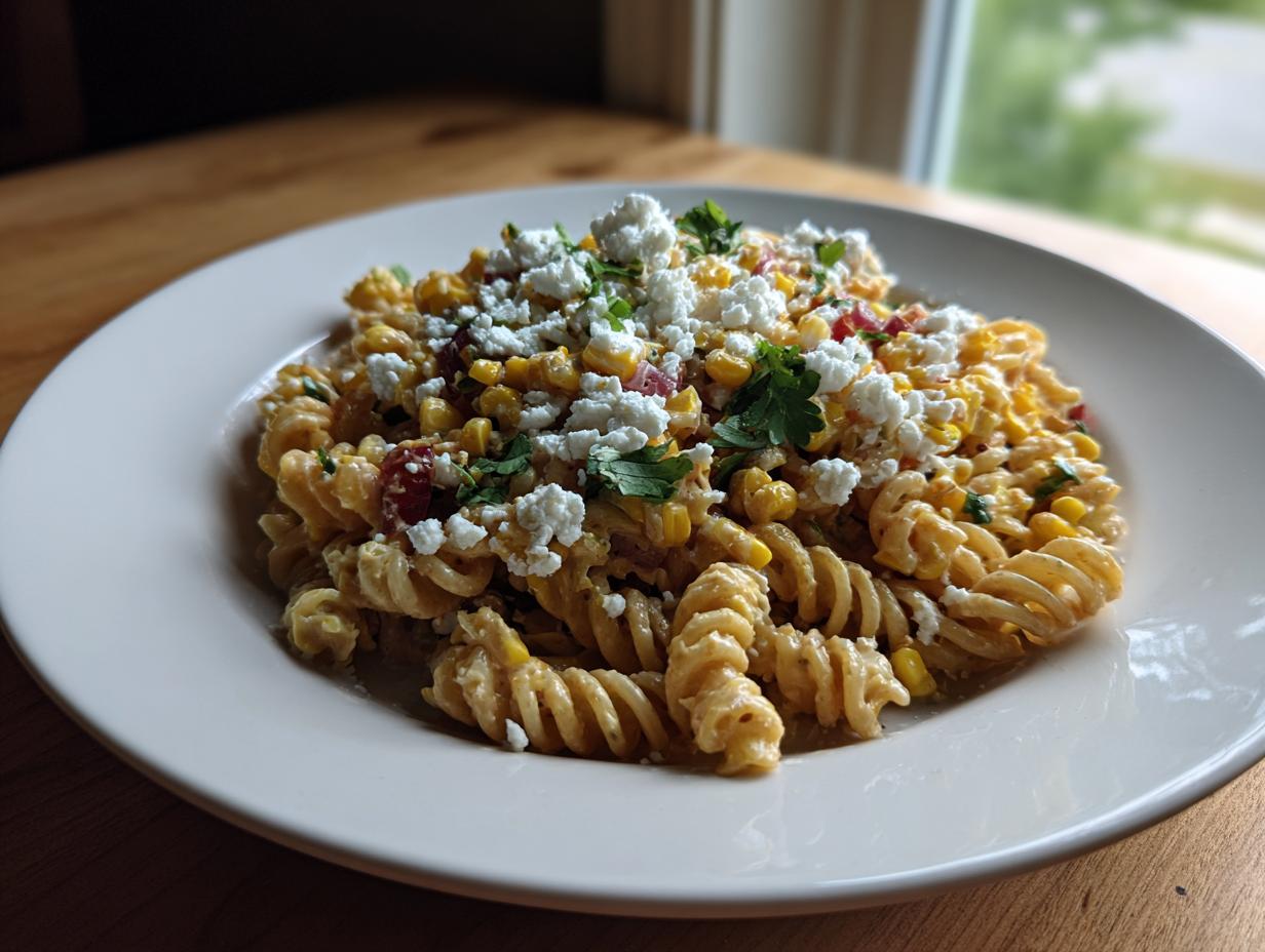 A serving of creamy street corn pasta salad featuring rotini pasta, corn kernels, and topped with cotija cheese and cilantro.