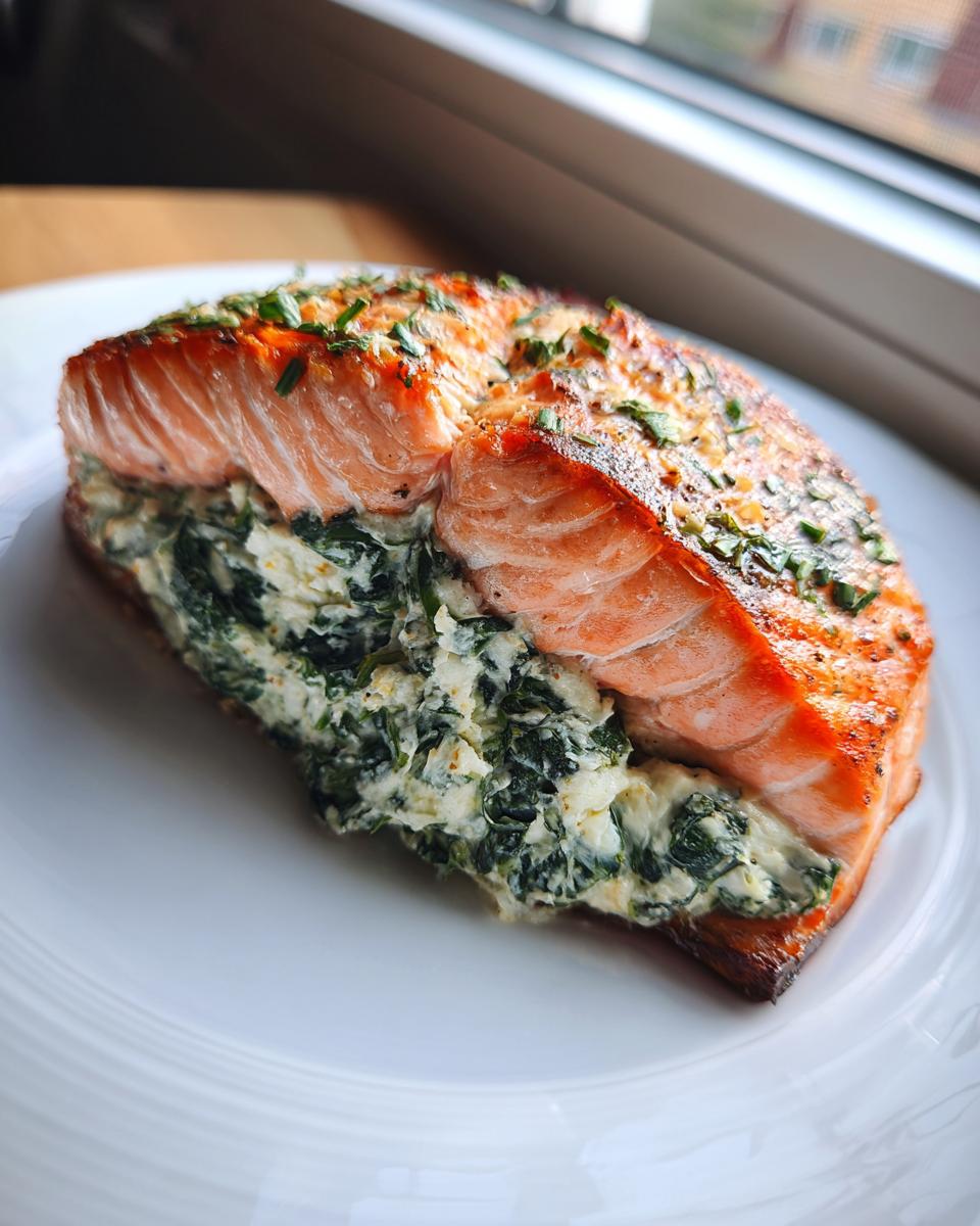 Close-up of a perfectly cooked piece of stuffed salmon, split open to show creamy spinach filling inside.