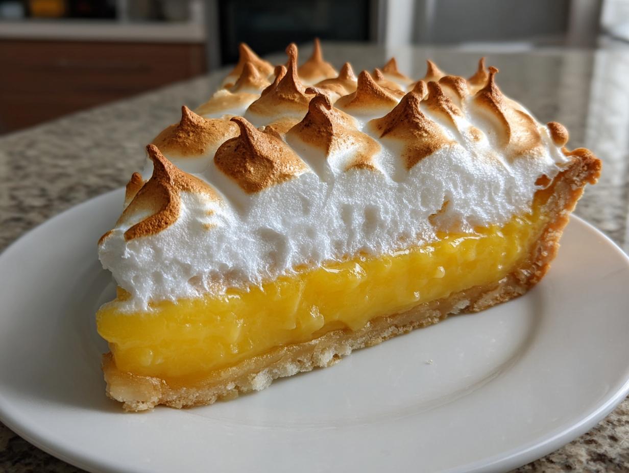A close-up slice of lemon meringue pie showing bright yellow curd, crust, and perfectly torched white meringue peaks.