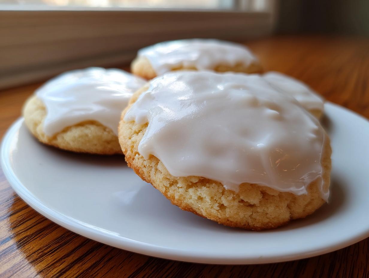Close-up of soft sugar cookies topped with thick, glossy white sugar cookie icing recipe.