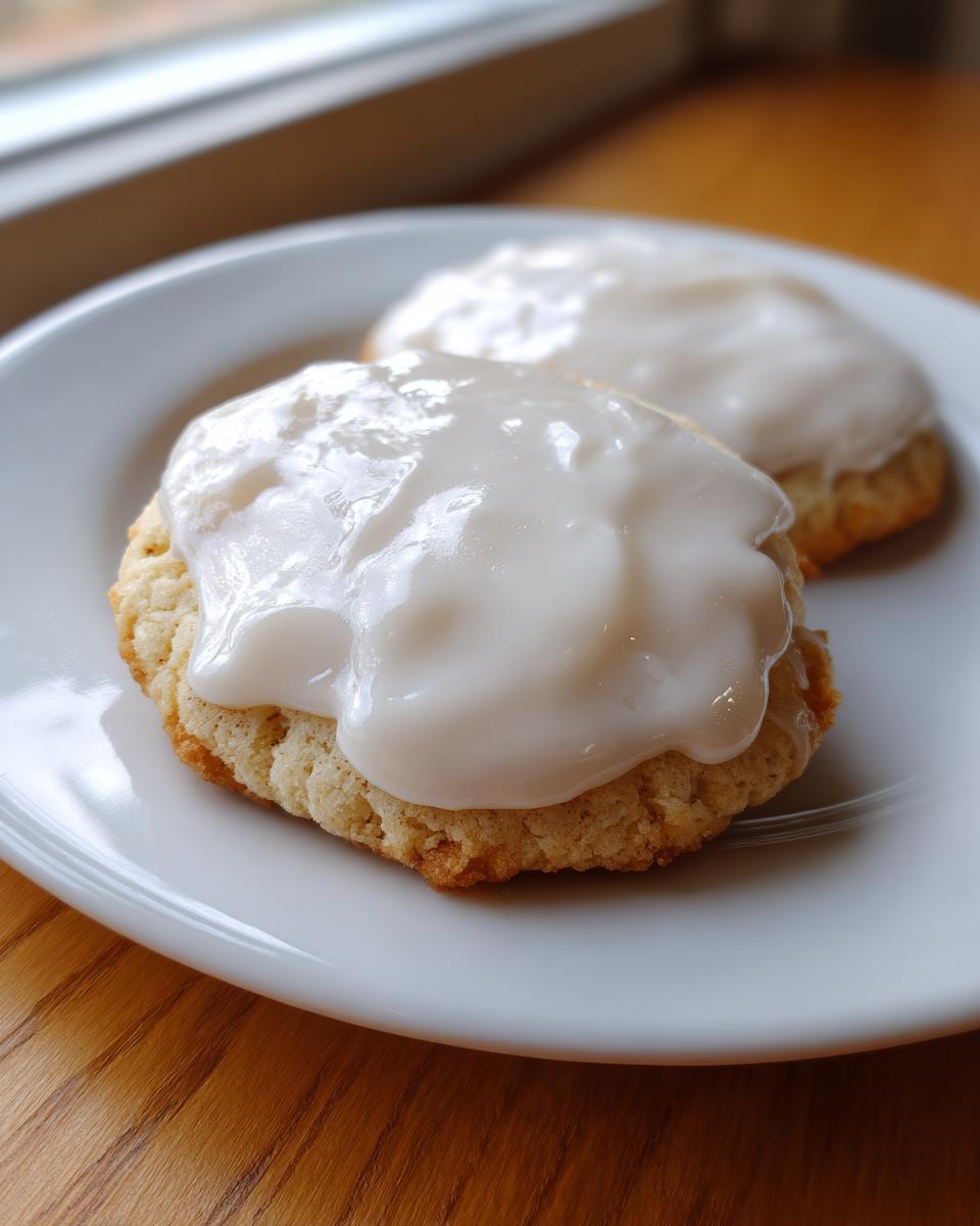 Two sugar cookies topped with a thick, glossy white sugar cookie icing recipe, resting on a white plate.
