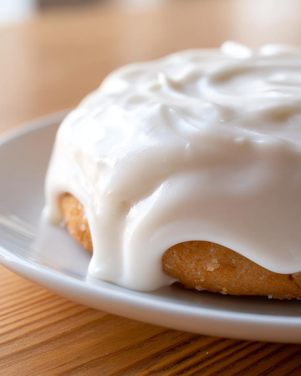 Close-up of a round sugar cookie topped with thick, glossy white sugar cookie icing recipe.