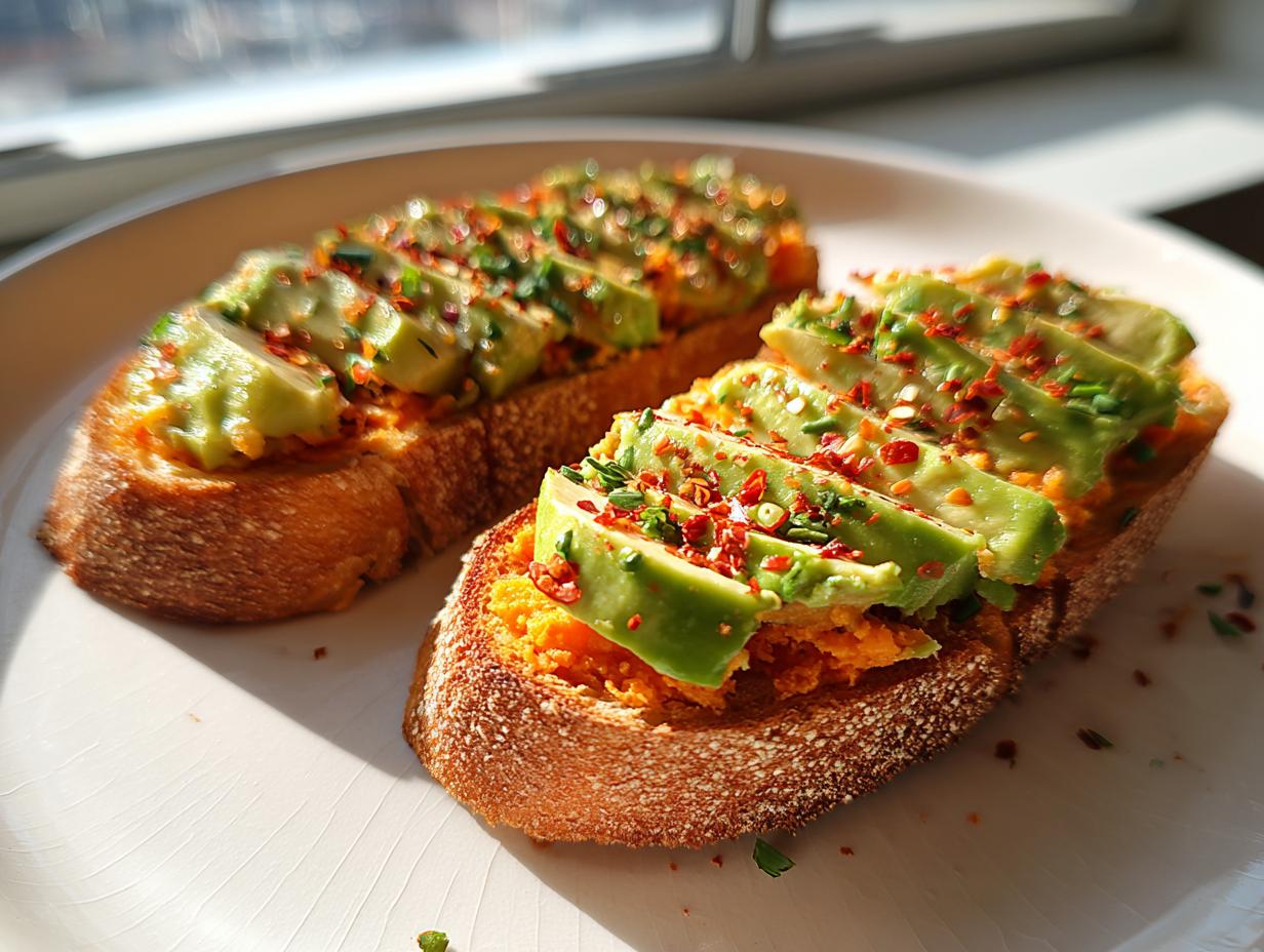 Two slices of sweet potato toast topped with mashed sweet potato, sliced avocado, and chili flakes.