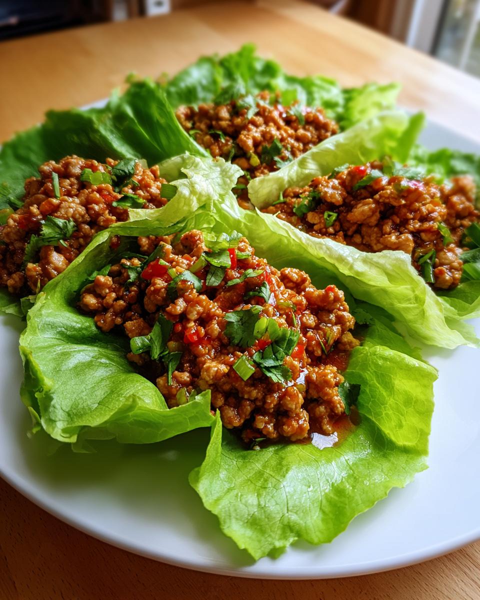 Three servings of savory thai chicken lettuce wraps filled with seasoned ground chicken and topped with fresh cilantro.