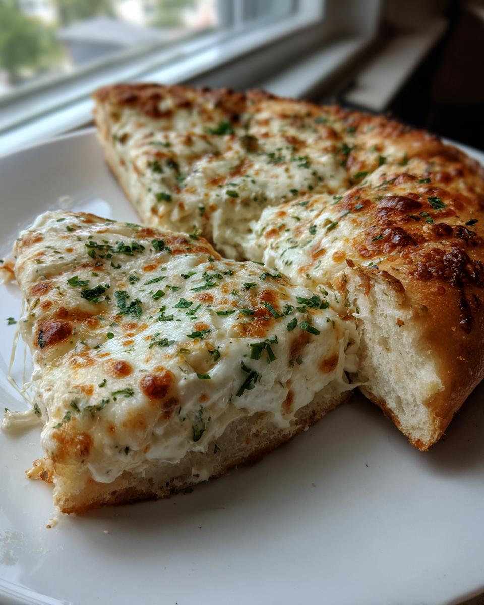 Close-up of thick crust white pizza slices loaded with creamy cheese and topped with fresh parsley.