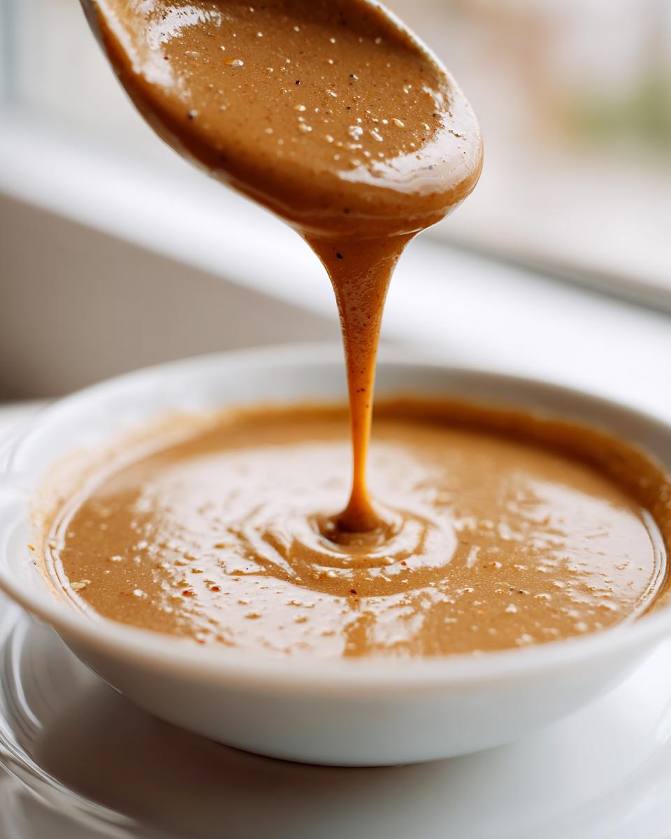 Close-up of thick, creamy peanut sauce dripping from a spoon back into a white bowl.