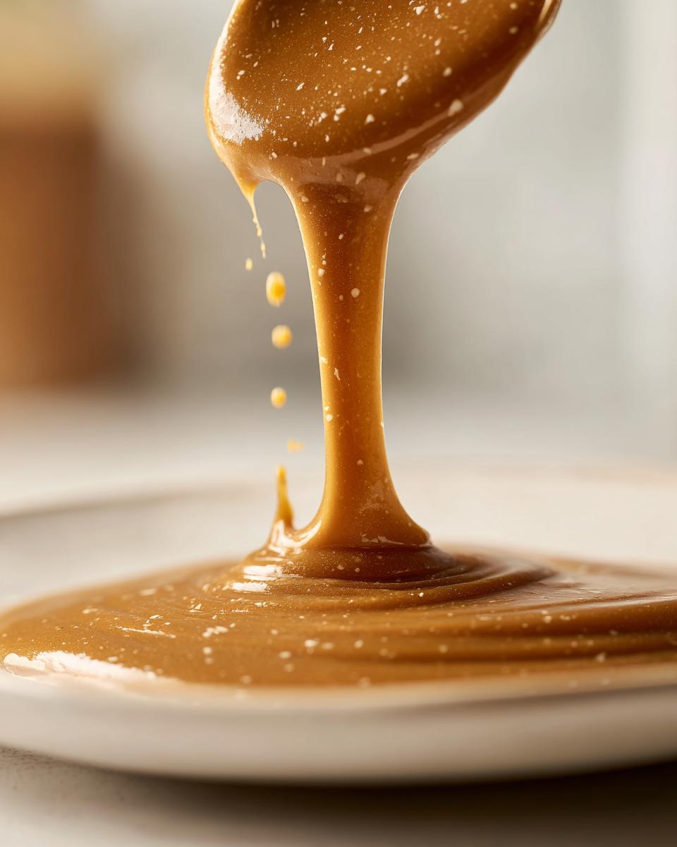 Close-up of thick, creamy peanut sauce drizzling from a spoon onto a plate.