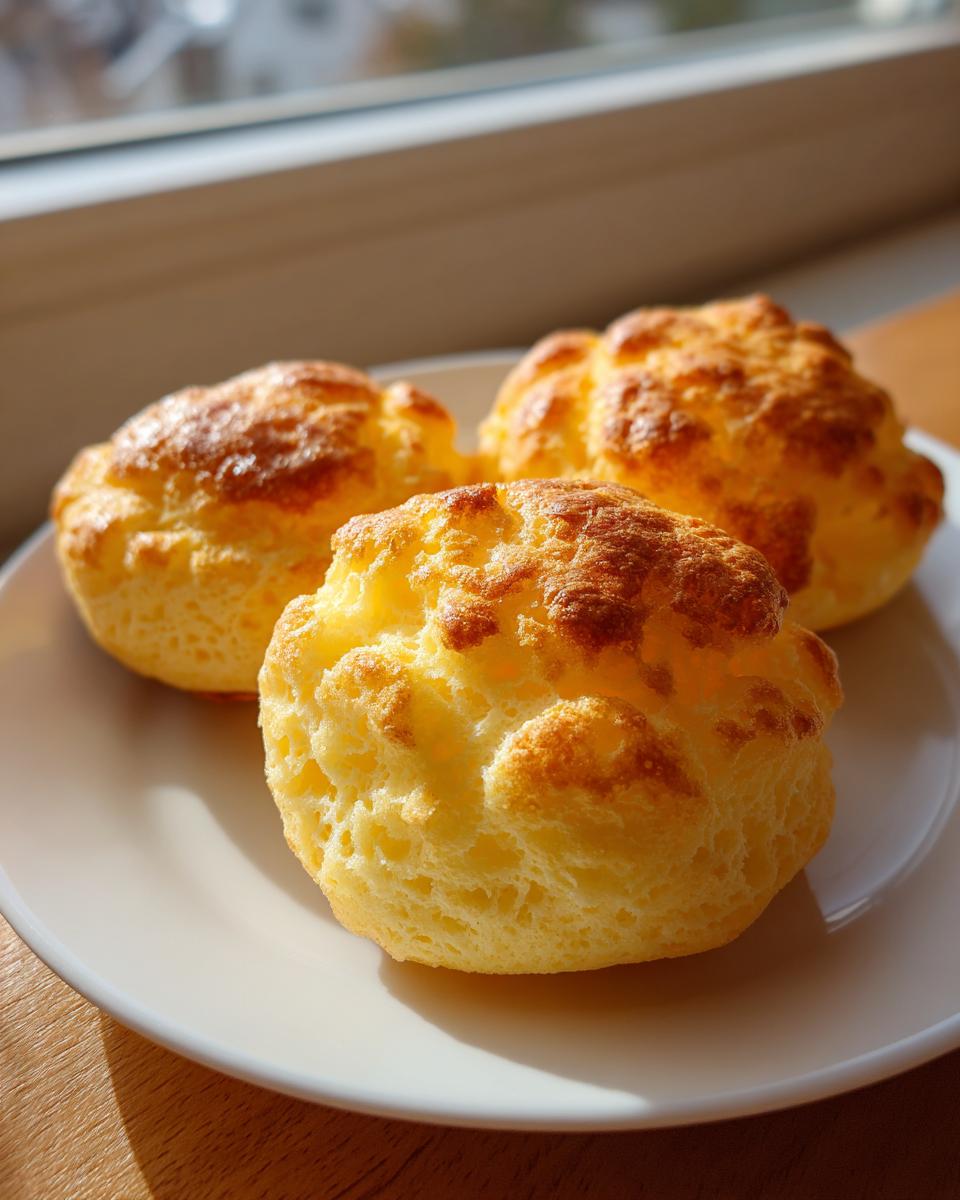 Three fluffy, golden-brown cloud bread portions served on a white plate near a window.
