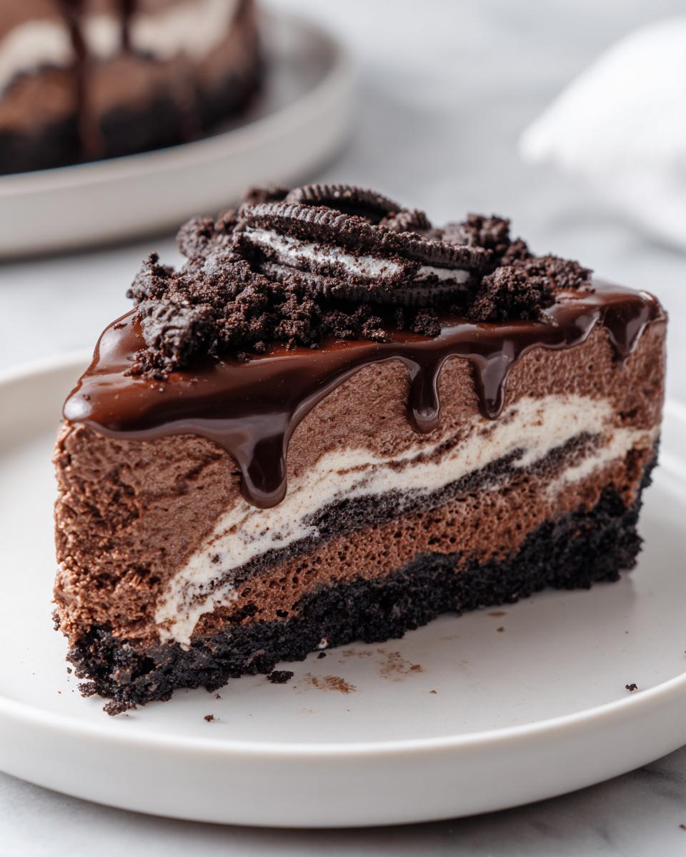 A decadent slice of 3-layer chocolate cheesecake topped with ganache and Oreo crumbs.