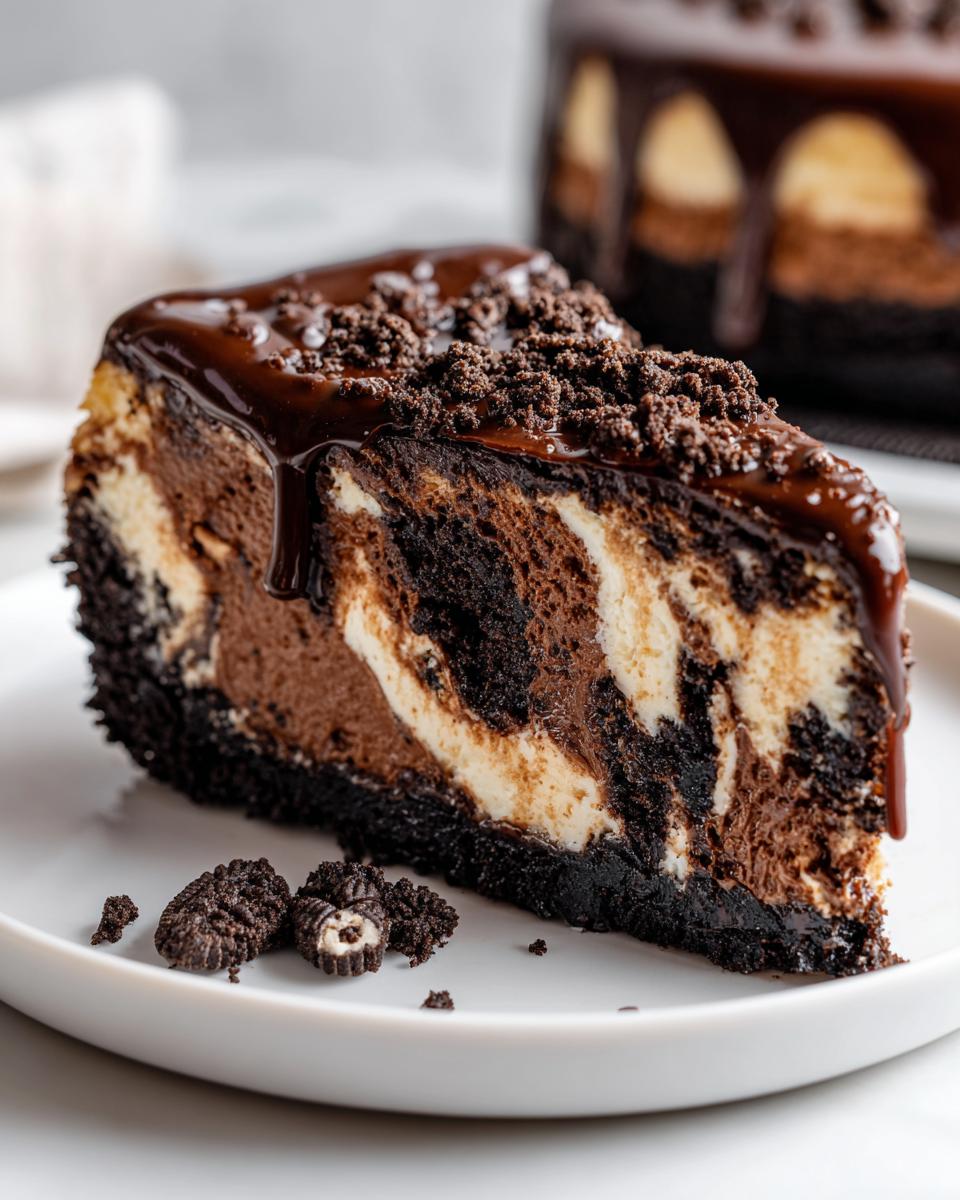 A decadent slice of 3-layer chocolate cheesecake with marbled filling, topped with rich ganache and cookie crumbs.