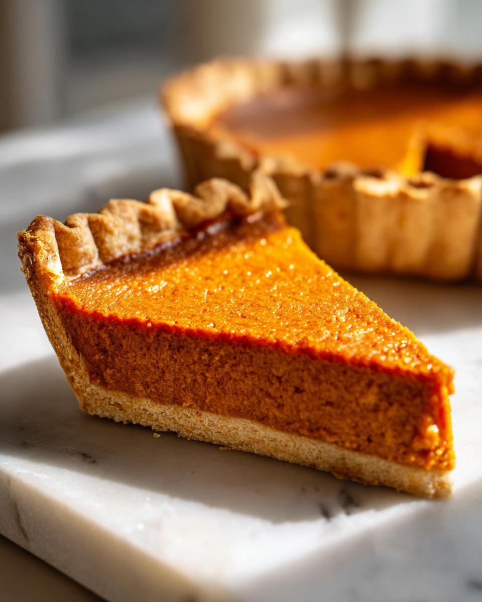 A perfect slice of vibrant orange vegan pumpkin pie resting on a white marble surface, with the rest of the pie blurred in the background.