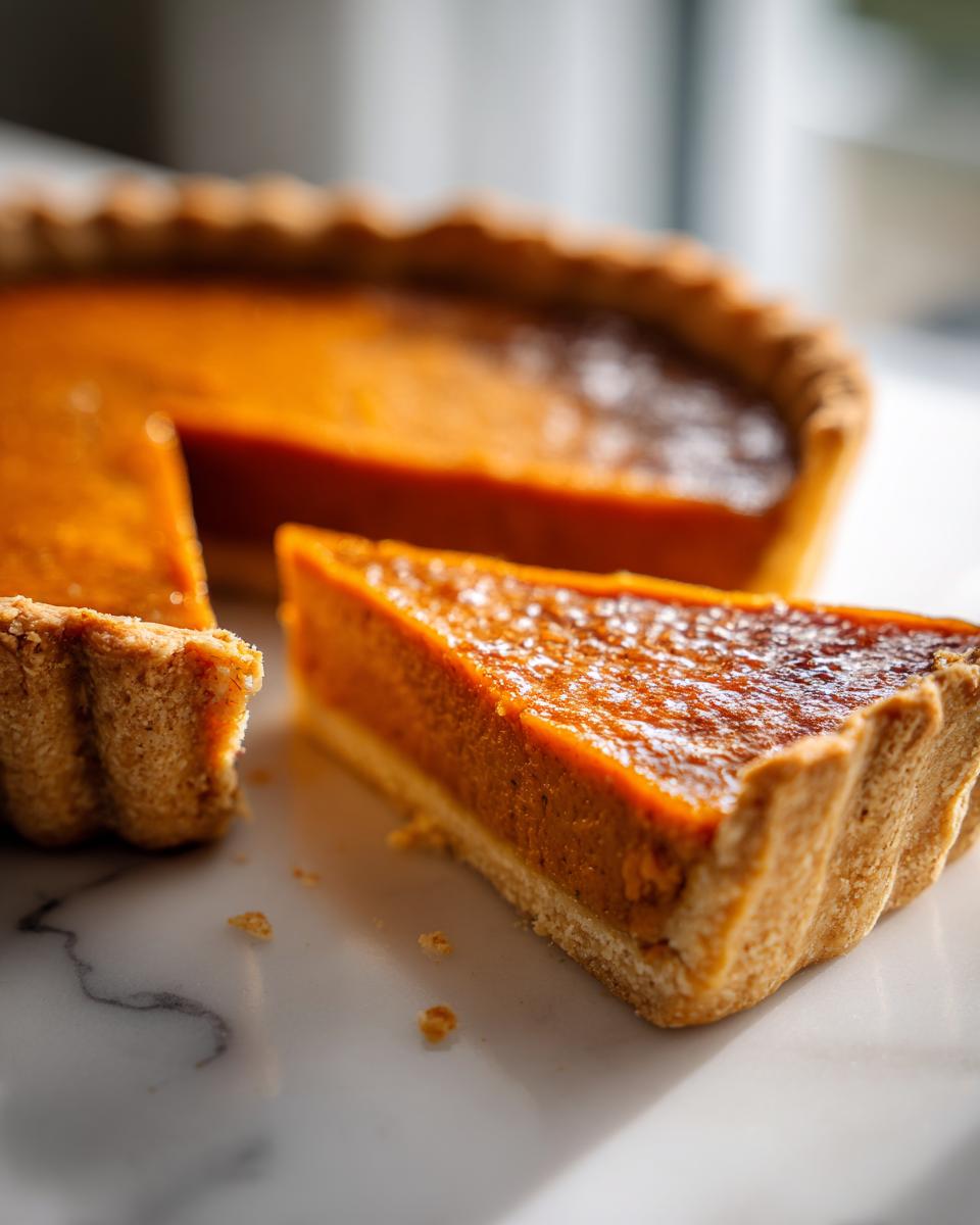 A close-up of a rich orange slice of vegan pumpkin pie next to the rest of the pie on a white marble surface.