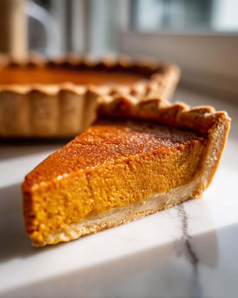 Close-up of a thick slice of vibrant orange vegan pumpkin pie with a golden crust, whole pie in background.
