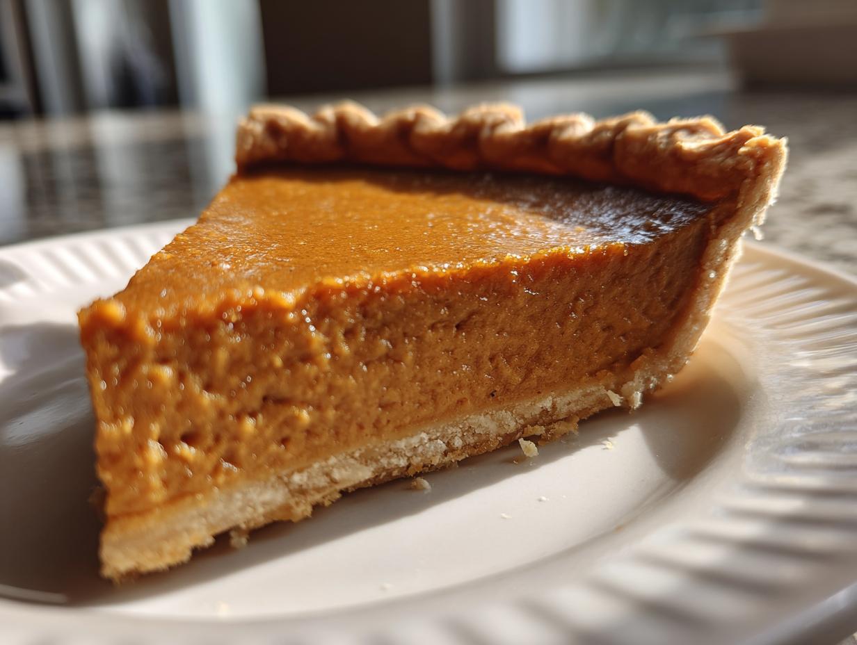 Close-up of a thick slice of vegan pumpkin pie with a flaky crust on a white plate.