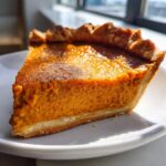 A close-up, sunlit slice of vegan pumpkin pie showing its rich orange filling and flaky crust on a white plate.
