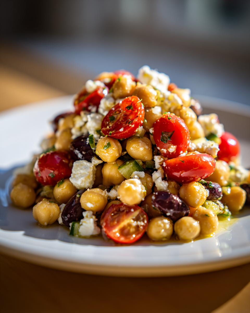 A vibrant mound of mediterranean chickpea salad featuring chickpeas, halved cherry tomatoes, feta cheese, and olives on a white plate.