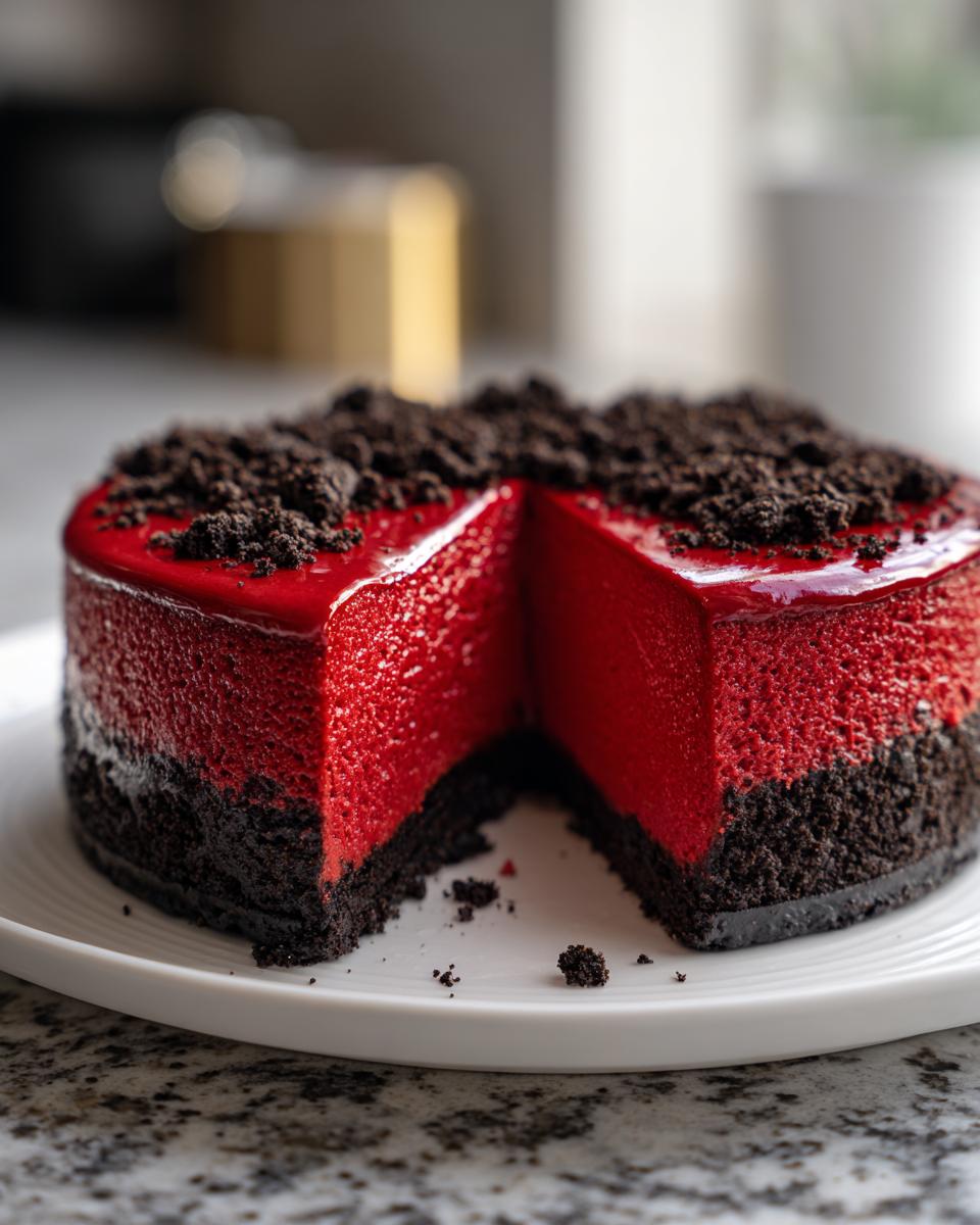 A vibrant red velvet cheesecake with a dark chocolate crust, topped with chocolate crumbs, showing a slice removed.