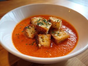 A close-up of a vibrant bowl of smooth tomato bisque topped with five golden, herbed croutons.