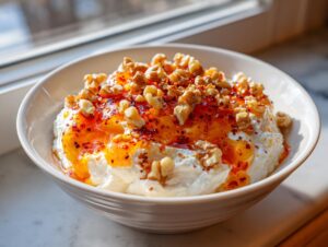 A bowl of creamy whipped ricotta dip topped generously with hot honey and chopped walnuts.