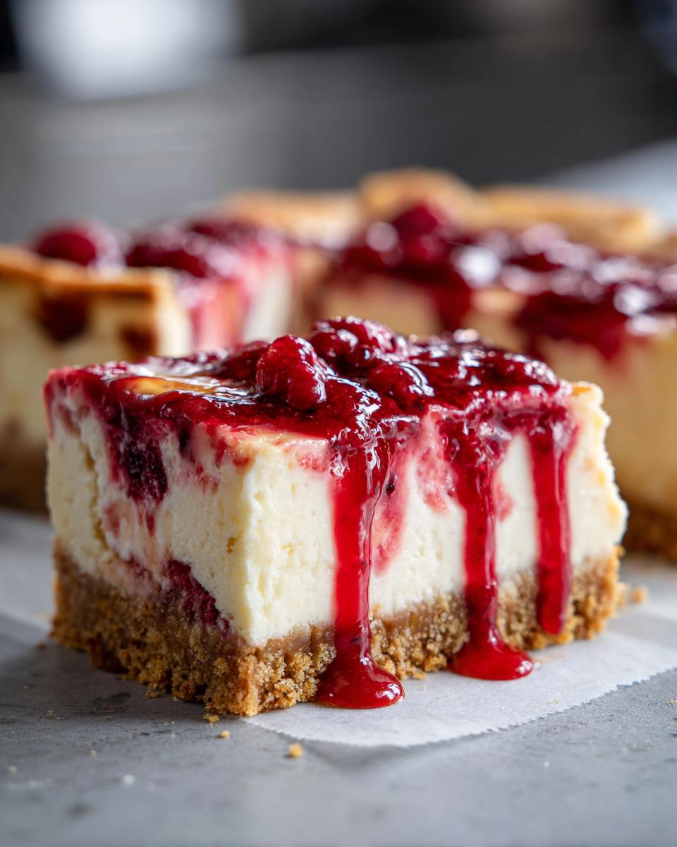 Close-up of a rich slice of white chocolate raspberry cheesecake with a thick graham cracker crust and raspberry topping dripping down.