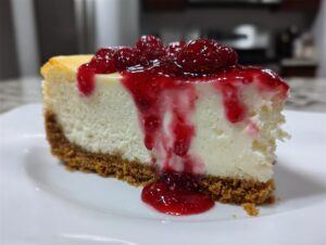 A perfect slice of white chocolate raspberry cheesecake topped with rich raspberry sauce and whole berries.
