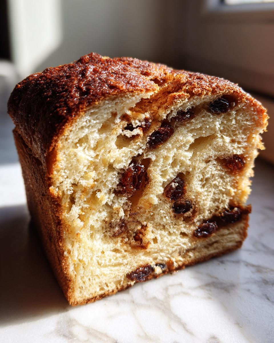 Close-up of a freshly baked slice of raisin bread showing a soft crumb texture and dark, plump raisins throughout.