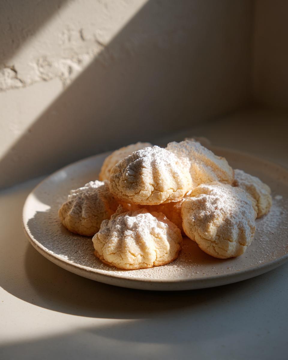 A pile of golden 3-ingredient butter cookies dusted with powdered sugar on a light plate.