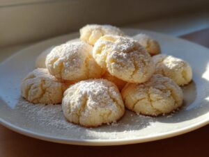 A pile of soft, round 3-ingredient butter cookies generously dusted with white powdered sugar on a white plate.