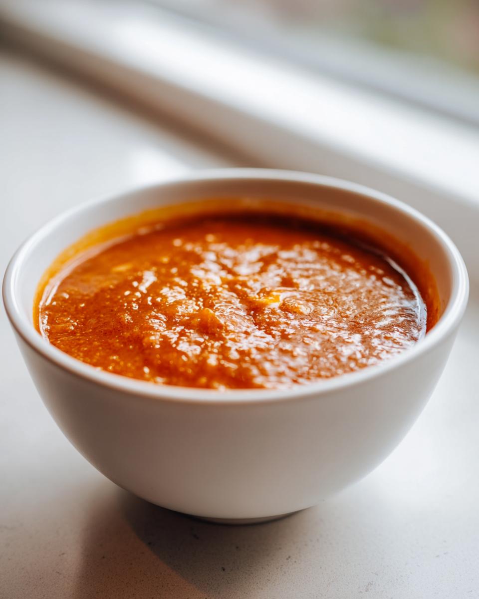 Close-up of warm, thick, orange-red chili cheese dip served in a small white bowl.