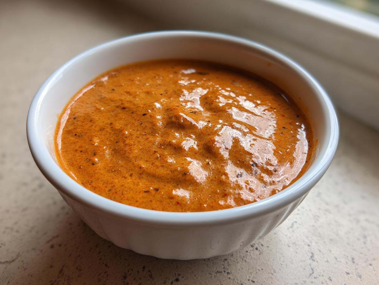 A close-up of a small white bowl filled with thick, creamy, orange-red chili cheese dip.