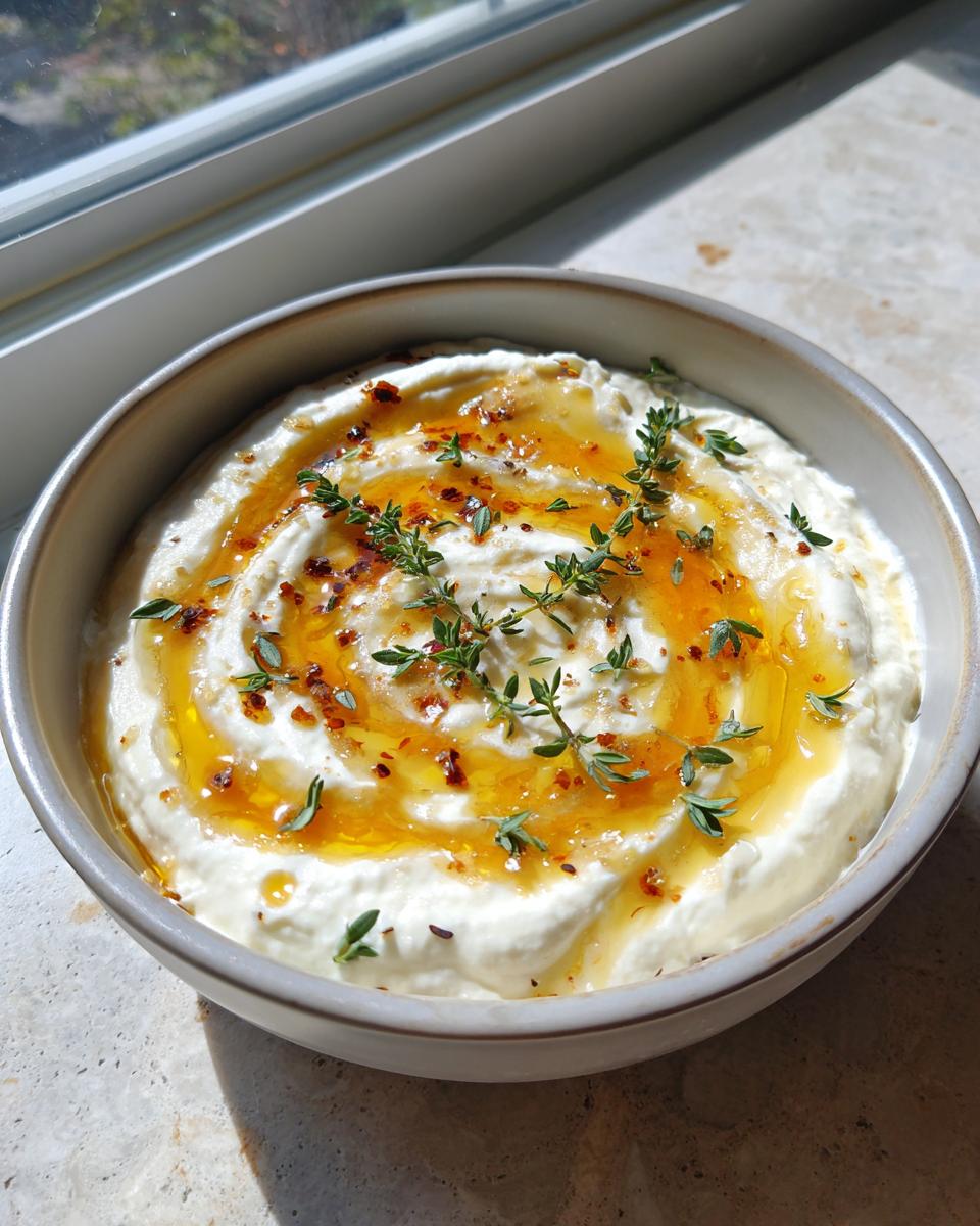 A creamy bowl of ricotta dip swirled with honey, chili flakes, and fresh thyme sprigs.