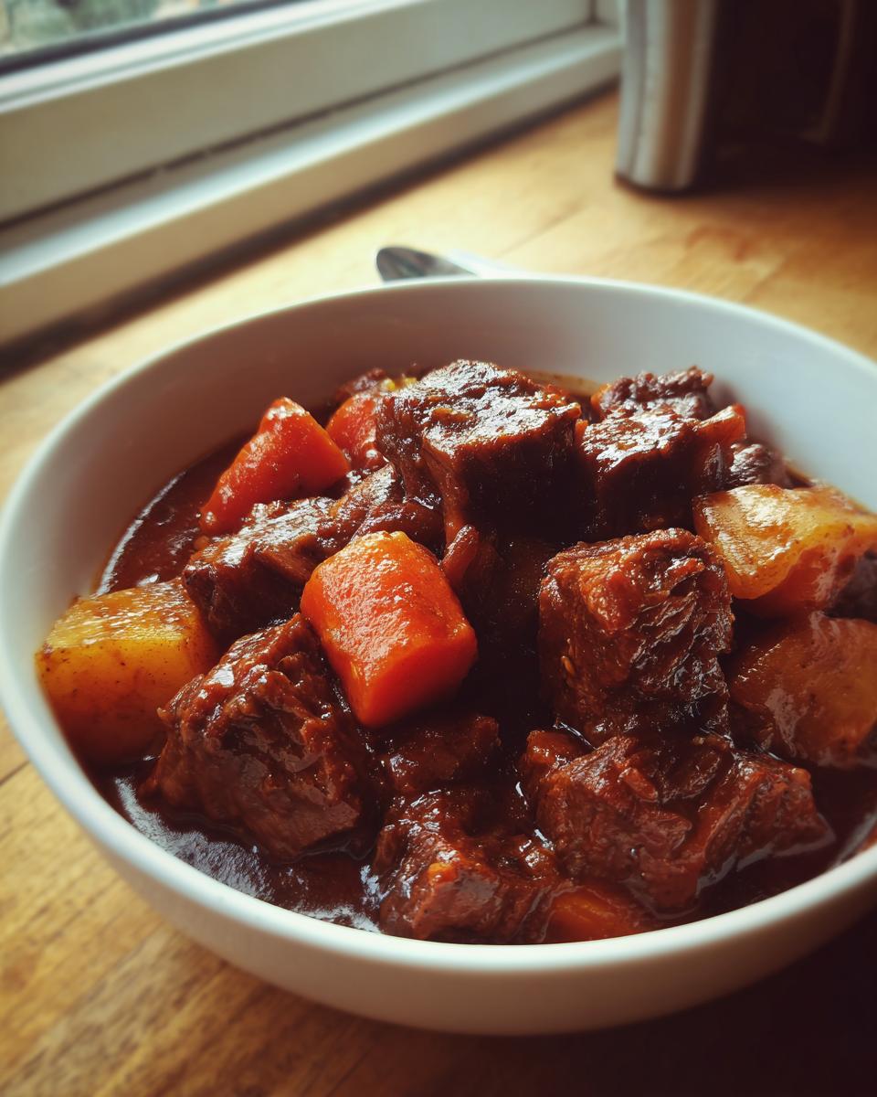 Close-up of a white bowl filled with rich, dark 8 hour pork stew chunks and bright orange carrots.