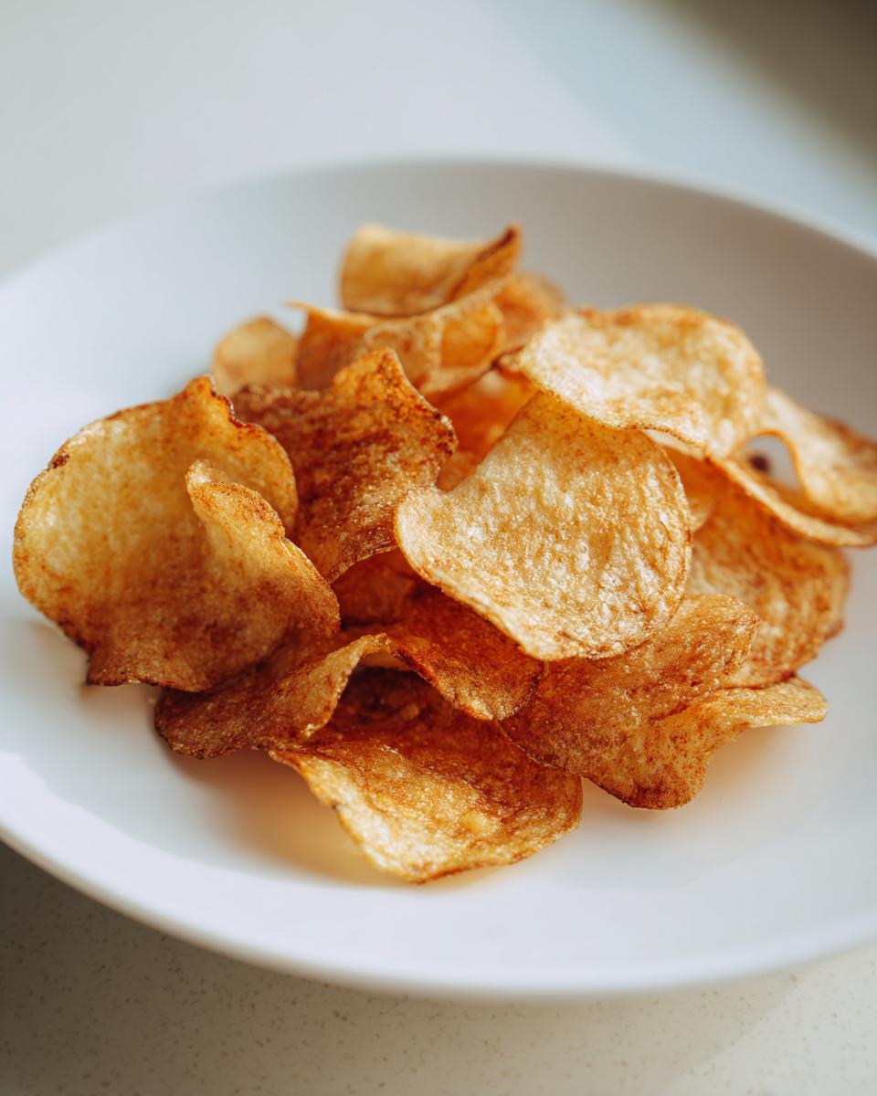 A close-up of crispy, golden brown air fryer potato chips piled on a clean white plate.