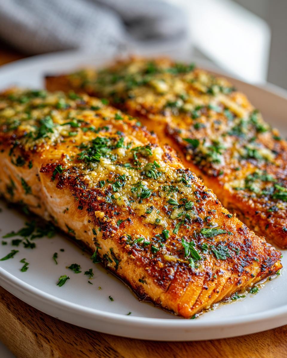Two golden fillets of air fryer salmon topped with garlic, butter, and fresh parsley, ready to eat.