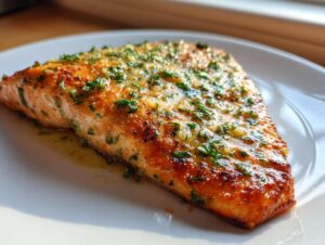 Close-up of a golden-brown fillet of air fryer salmon topped with melted butter, garlic, and fresh parsley.
