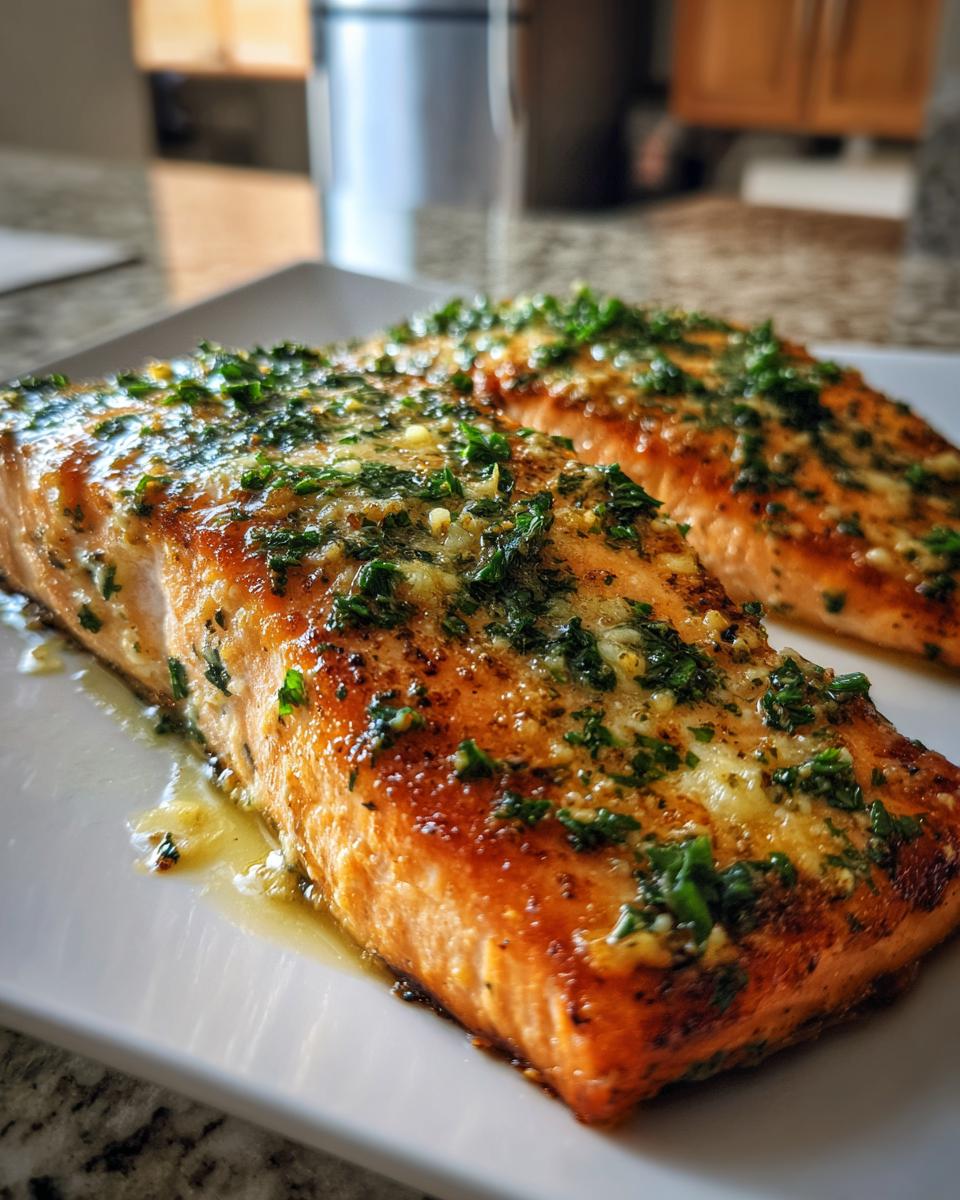 Two glistening fillets of air fryer salmon topped with melted butter, garlic, and fresh parsley on a white plate.