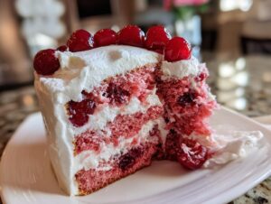 Close-up of a moist slice of pink Cherry Cake layered with white frosting and topped with bright red cherries.
