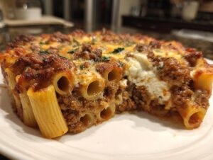 Close-up of a hearty serving of baked ziti pasta bake with meat sauce and melted cheese.