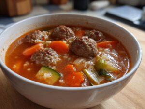 A close-up of a white bowl filled with amazing albondigas soup, featuring meatballs, carrots, zucchini, and rice in a rich broth.