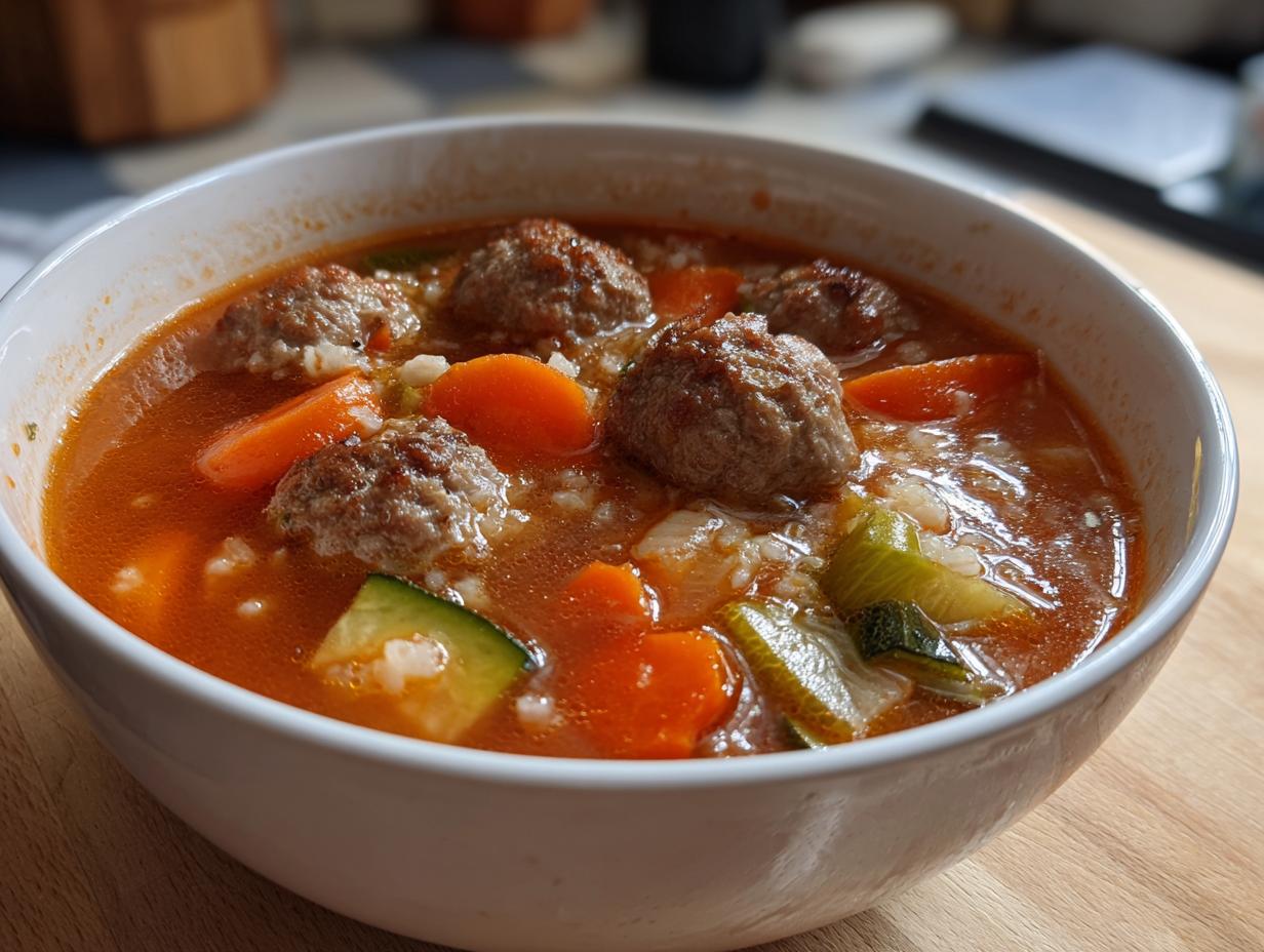 A close-up of a white bowl filled with amazing albondigas soup, featuring meatballs, carrots, zucchini, and rice in a rich broth.